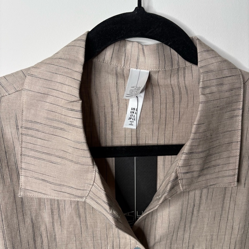 Marla Wynne Striped Linen Box Shirt Tan Neutral Beige Button - Picture 2 of 4